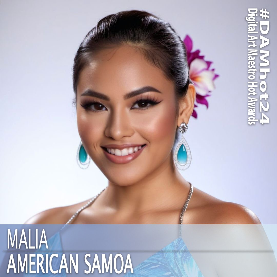 AI beauty contestant from American Samoa. 1girl, 3d, breasts, brown eyes, cleavage, earrings, flower, gradient, gradient background, hair flower, hair ornament, jewelry, lips, looking at viewer, medium breasts, necklace, nose, open mouth, photo \(medium\), realistic, smile, solo, teeth, upper bod