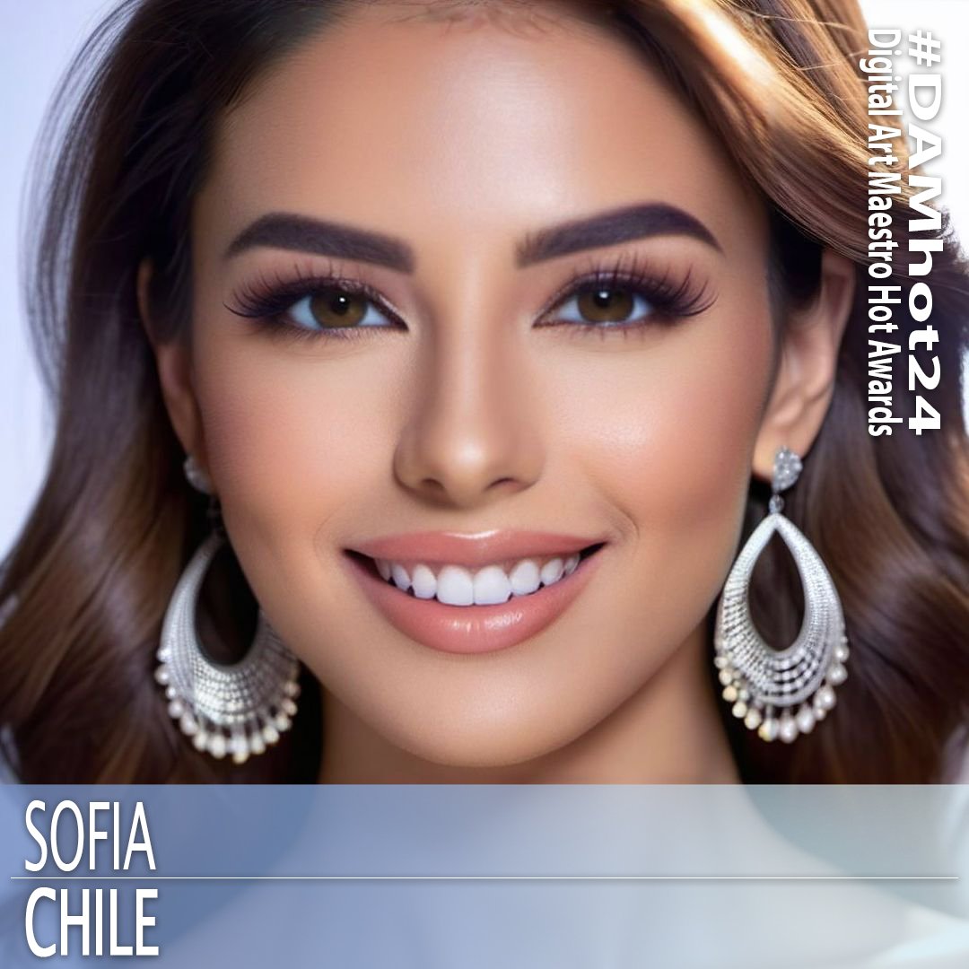 AI beauty contestant from Chile. 1girl, blurry, blurry foreground, brown eyes, brown hair, depth of field, earrings, eyelashes, face, forehead, jewelry, lips, long hair, looking at viewer, makeup, nose, photorealistic, realistic, smile, solo, teeth