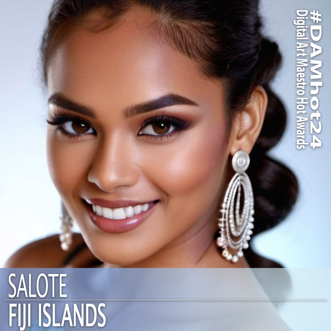 AI beauty contestant from Fiji Islands. 1girl, blurry, blurry background, blurry foreground, brown eyes, depth of field, earrings, eyelashes, flower, jewelry, lips, looking at viewer, motion blur, nose, open mouth, realistic, smile, solo, teeth, white flower