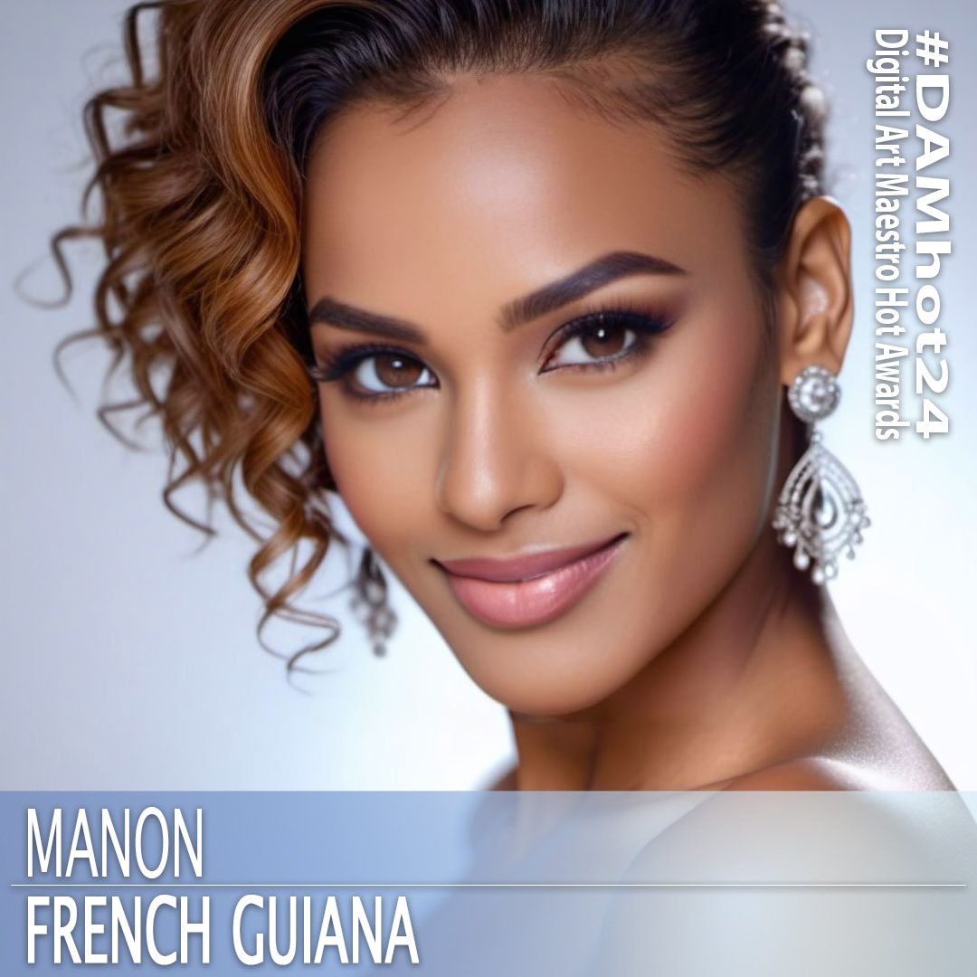 AI beauty contestant from French Guiana. 1girl, 3d, blurry, blurry background, blurry foreground, brown eyes, chromatic aberration, depth of field, ear piercing, earrings, eyelashes, hoop earrings, jewelry, lips, looking at viewer, motion blur, nose, photorealistic, piercing, realistic, short ha