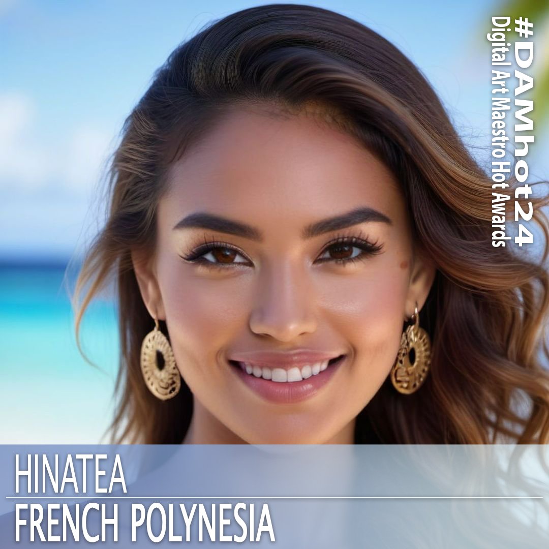 AI beauty contestant from French Polynesia. 1girl, blue sky, blurry, blurry background, brown eyes, brown hair, day, depth of field, ear piercing, earrings, face, forehead, hoop earrings, jewelry, lips, long hair, looking at viewer, nose, nose piercing, piercing, portrait, realistic, skull earrings