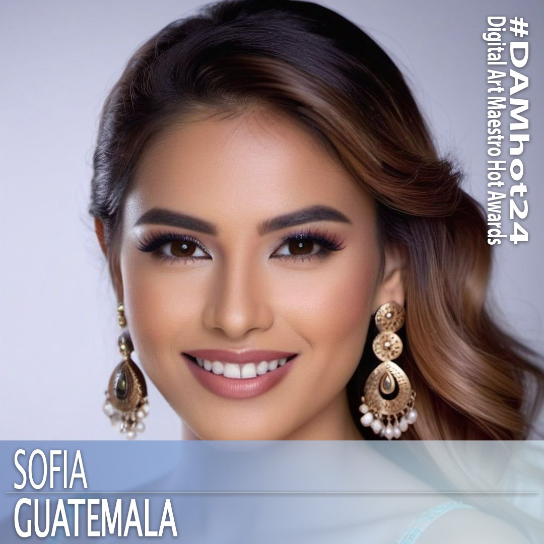 AI beauty contestant from Guatemala. 1girl, blurry, blurry foreground, brown eyes, brown hair, depth of field, earrings, grey background, jewelry, lips, long hair, looking at viewer, nose, portrait, realistic, smile, solo, teeth