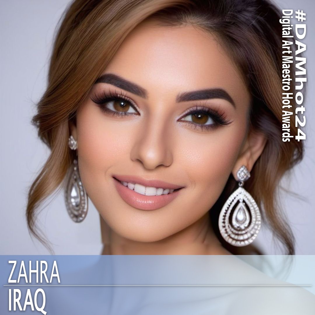 AI beauty contestant from Iraq. 1girl, blurry, blurry foreground, breasts, brown eyes, brown hair, crescent earrings, cross earrings, depth of field, ear piercing, earclip, earrings, eyelashes, flower earrings, grey background, heart earrings, hoop earrings, jewelry, lips, looking at vi