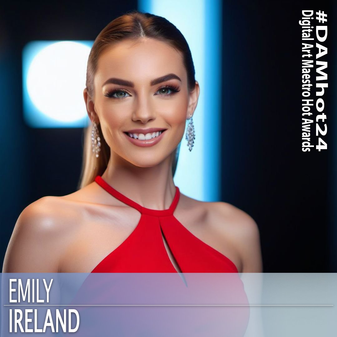 AI beauty contestant from Ireland. 1girl, 3d, bare shoulders, breasts, dress, earrings, forehead, full moon, halterneck, jewelry, long hair, looking at viewer, makeup, moon, moonlight, open mouth, realistic, smile, solo, teeth, upper body