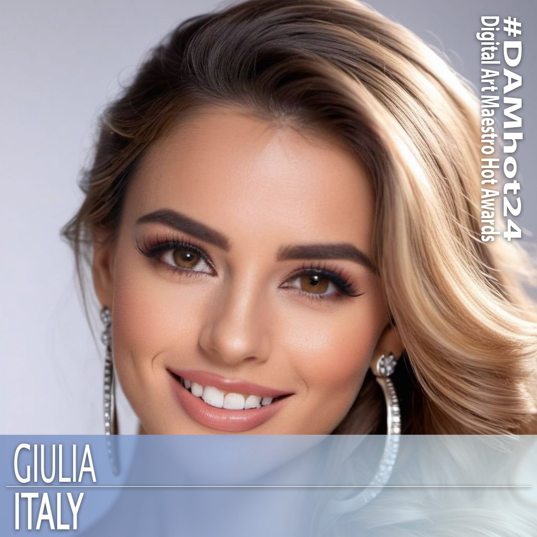 AI beauty contestant from Italy. 1girl, brown eyes, earrings, eyelashes, face, forehead, grey background, hair tubes, lips, looking at viewer, nose, piercing, portrait, realistic, smile, solo, teeth