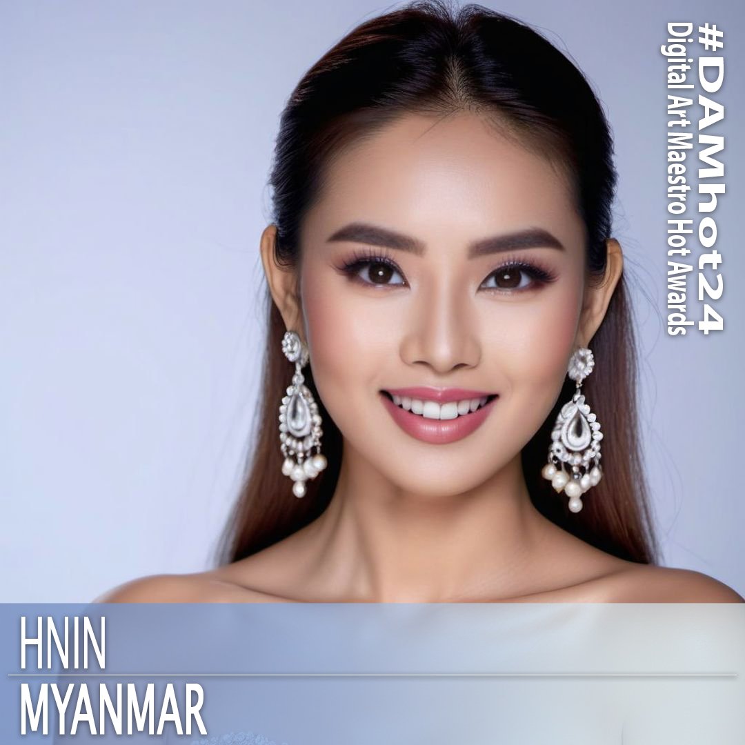 AI beauty contestant from Myanmar. 1girl, bare shoulders, black hair, breasts, collarbone, cross earrings, ear piercing, earrings, eyeshadow, forehead, hoop earrings, jewelry, lips, long hair, looking at viewer, makeup, open mouth, piercing, realistic, skull earrings, smile, solo, teeth