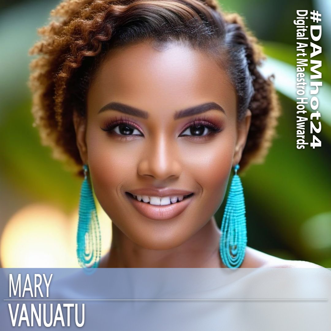 AI beauty contestant from Vanuatu. 1girl, 3d, blurry, blurry background, blurry foreground, bokeh, breasts, brown hair, christmas, chromatic aberration, depth of field, earrings, eyelashes, jewelry, looking at viewer, motion blur, photo \(medium\), photorealistic, portrait, realistic, smil